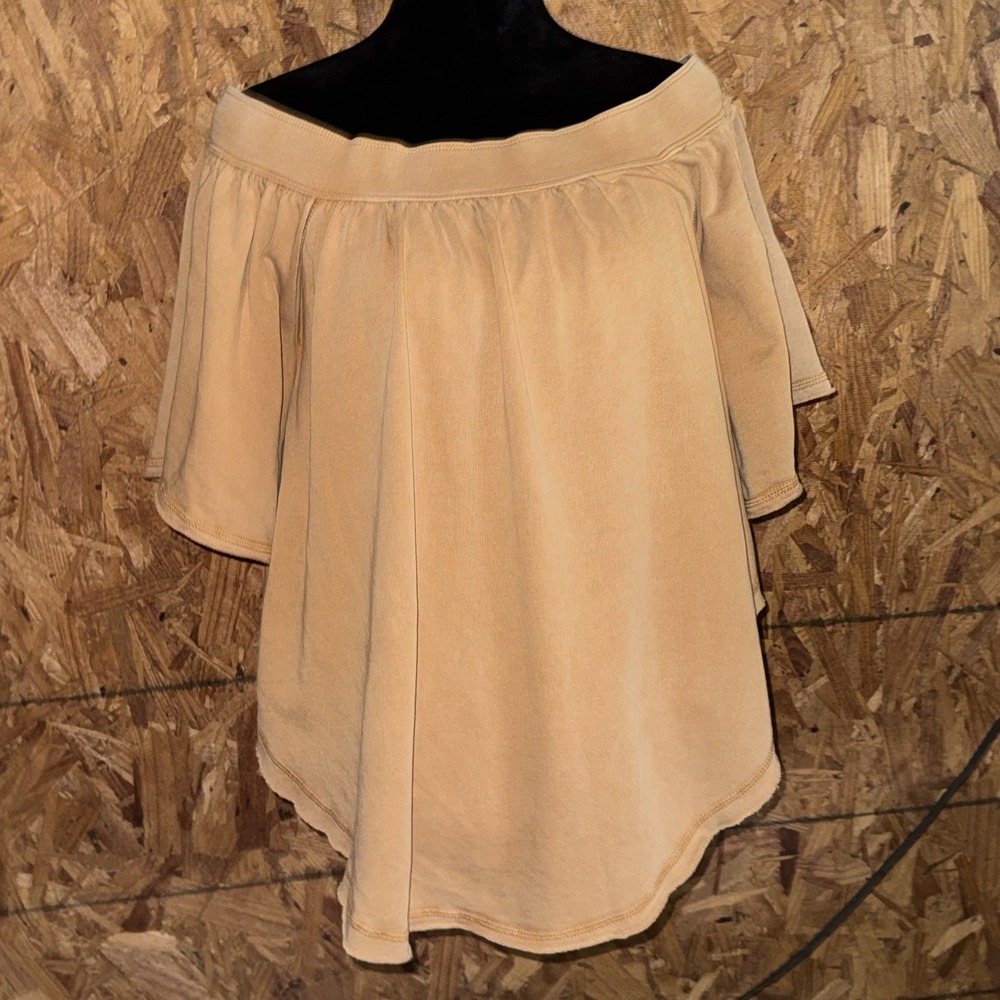 Free People 100% Cotton Bohemian Off Shoulder Top Tan Brown Lagenlook Neutral XS
